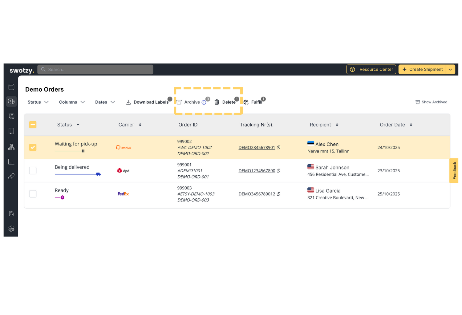Archive or delete on Swotzy